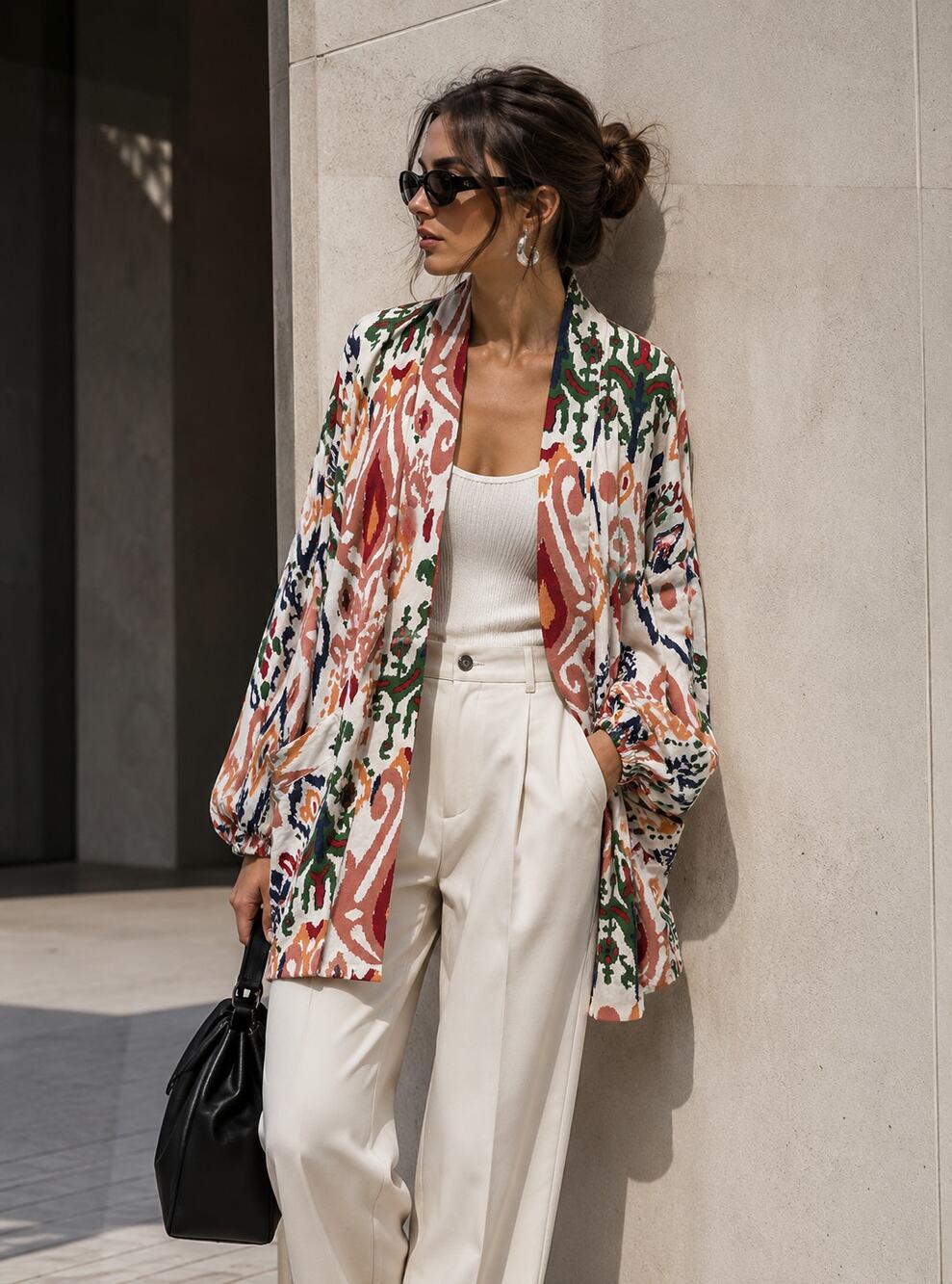 ZARA Ikat Print Kimono Duster Jacket S Linen Cotton Viscose Boho Open Front